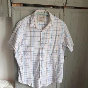 Timberland Check Shirt Sz XL Reg White Blue Tan Short Sleeve Linen Cotton - Picture 1 of 5