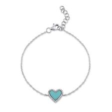 14K White Gold Heart Turquoise Diamond Bracelet Charm Womens Natural Love 0.69CT