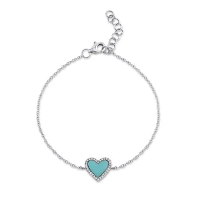 14K White Gold Heart Turquoise Diamond Bracelet Charm Womens Natural Love 0.69CT - Image 1 of 4