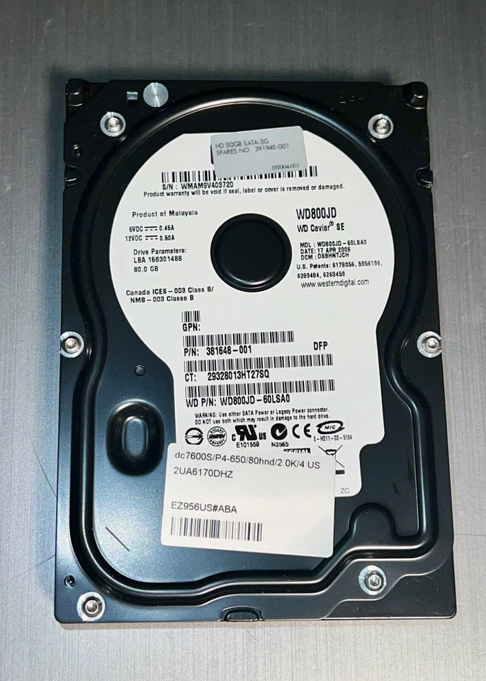 WD / HP  381648-001, 391945-001 WD800JD-60LSA0 3.5" 7200 RPM80GB  SATA HD - Image 1 of 1