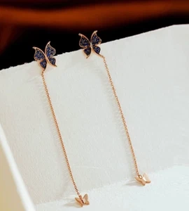 14ct Solid Rose Gold Sapphire Butterfly Chain Drop Stud Earrings, 14K, long gift - Picture 1 of 9