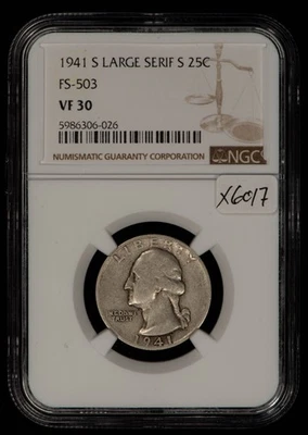 1941-S 25c Silver Washington Quarter - Large Serif S FS-503 - NGC VF 30 - X6017 - Image 1 of 4