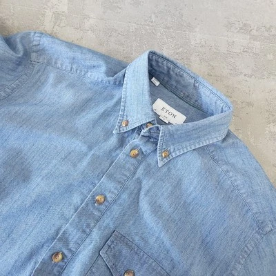 Eton Dress Shirt Men 15.75 Blue Denim Cotton Slim Casual Chambray Button-Down - Image 1 of 4