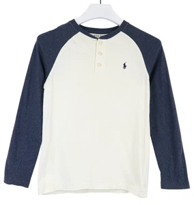 RALPH LAUREN Polo T-shirt Boy's 10-12 YEARS White/Blue Raglan Sleeve 1/4 Button - Picture 1 of 13