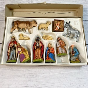 Vtg Hand Painted Christmas Nativity Scene Set Germany Friedel 13 Pc Original Box - Picture 1 of 9