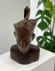 Vintage Balinese Hand Carved Wooden Bust Tribal Man Figurine Sculpture DAMAGED - Picture 1 of 9