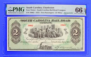 1873 South Carolina Rail Road Co Charleston $2 PMG 66 EPQ Gem Unc Ticket - Bild 1 von 2