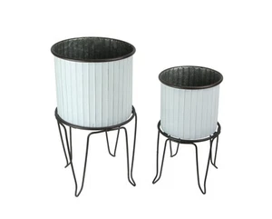 Set of 2 White Charcoal Round Metal Tub Planters On Stands - Picture 1 of 3