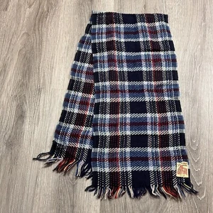 Pure Virgin Wool Neck Scarf 47” x 11” Multicolor Plaid MFR. 2297 Woven Fringe - Picture 1 of 6