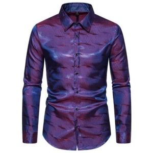 Men Shiny Shirt Button Blouse Satin Dance Show Shirt Party Stage Costume Shirt - Picture 1 of 14