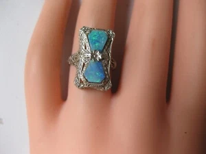 ANTIQUE 14K WHITE GOLD FILIGREE RING “BOW” with NATURAL BLACK OPALS,ART DECO - Picture 1 of 4