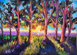 Oil pastel original AUTUMN LANDSCAPE SUNSET Forest Wall Art Signed UKRAINE - Picture 1 of 8