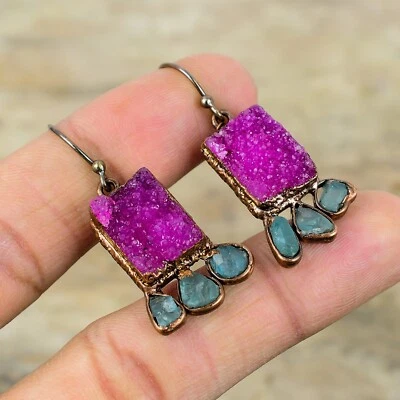 Pink Druzy Jewelry Copper Mom Gift Electroformed Drop/Dangle Earrings 1.77" - Image 1 of 4