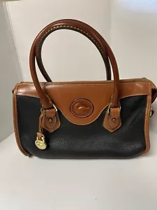 Vintage Dooney & Bourke Leather Satchel Shoulder Handbag Black Pebble Brown Trim - Picture 1 of 11
