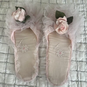 VINTAGE Vanity Fair Slippers Shoes 6 -7 Pink Bridal Poof Ball Chiffon Rosette - Picture 1 of 5