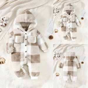 Infant Baby Boy Girl Fur Fluffy Hooded Plaid Jumpsuits Playsuits Romper Clothes - Picture 1 of 16