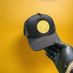 Medusa Trucker Hat - Black Hat -Yves Versac Custom Gold Symbol - Brand New - Cap - Picture 1 of 12