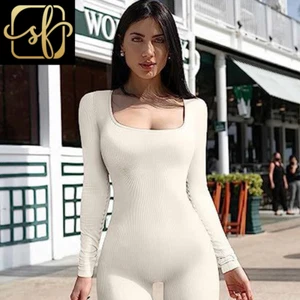 Beige S Women'S Yoga Sports Fitness Jumpsuit Workout Long Sleeve Square Collar C - Picture 1 of 5