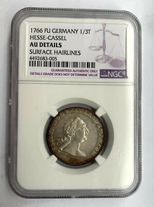 Germany Hesse Cassel 1/3 Thaler 1766 FU - AU Details NGC - Picture 1 of 2