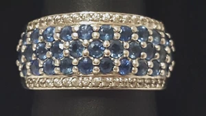 Sterling Silver Sapphire Diamonds D'Joy Ring Sz 8.25 Rows Blue Natural Gemstones - Picture 1 of 18
