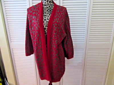 Suéter Kasper XL Largo Rojo Gris/Dorado Diseño Hilo Metálico, Frente Abierto Foto 1 de 4