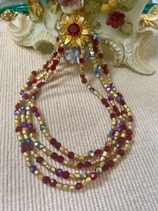Vintage VOGUE Red Aurora Borealis Beaded Gold Toned Flower Choker Necklace - Picture 1 of 11