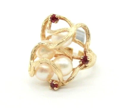 14K Yellow Gold Vintage Rubies & South Sea Pearls Cocktail Ring Size 7 - Image 1 of 4