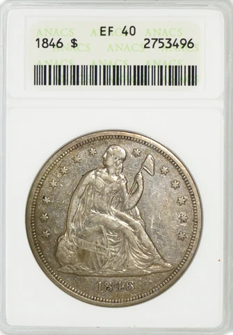 1846 $1 Seated Liberty Silver Dollar ANACS EF40 Extremely Fine Coin Old Soapbox Cover