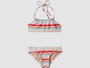 $95 Toobydoo NY Big Girl's Red Beige Striped Bandeau Bikini Set Swimwear 9/10 - Picture 1 of 2