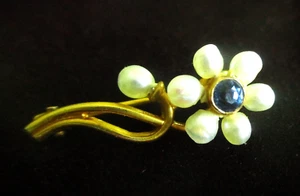 ANTIQUE C.1900 ART NOUVEAU 14K - PEARL - SAPPHIRE FLOWER PIN BY KERR - USA - Picture 1 of 5