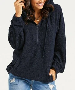 Suzanne Betro Weekend Navy Zip-Front Hooded Fleece Quarter-Zip Pullover Size L - Bild 1 von 1