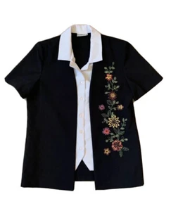 Vintage Millers Top fits Sz 8 Embroidery On Black White Collar Buttoned Blazer - Picture 1 of 11