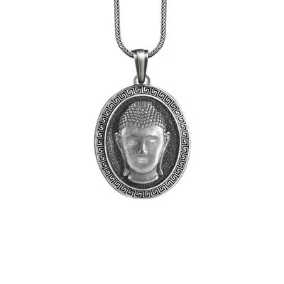 Collana Buddha in argento sterling con ciondolo busto inciso meditazione... - Immagine 1 di 4