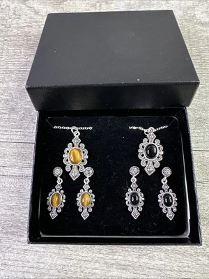 2 Set of 20" Silver Tone Necklace And Stud Earrings Black Onyx And Tiger Eye NIB - Image 1 of 4