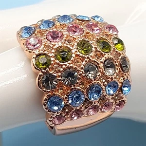 Multicolored Rhinestone Wide Band Ring, Rose Gold Tone, Size 7.75 - Picture 1 of 14