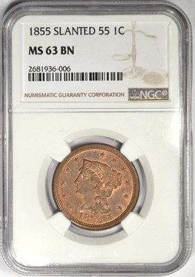 1855 LARGE CENT ~ SLANTED 55 ~ NGC MS63 BN ~ LOTS OF SHIMMERING RED HIGHLIGHTS! - Image 1 of 4