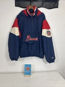 Vtg 90s STARTER MLB Mens S Atlanta BRAVES Half Zip Puffer Hooded Jacket Pullover - Picture 1 of 21