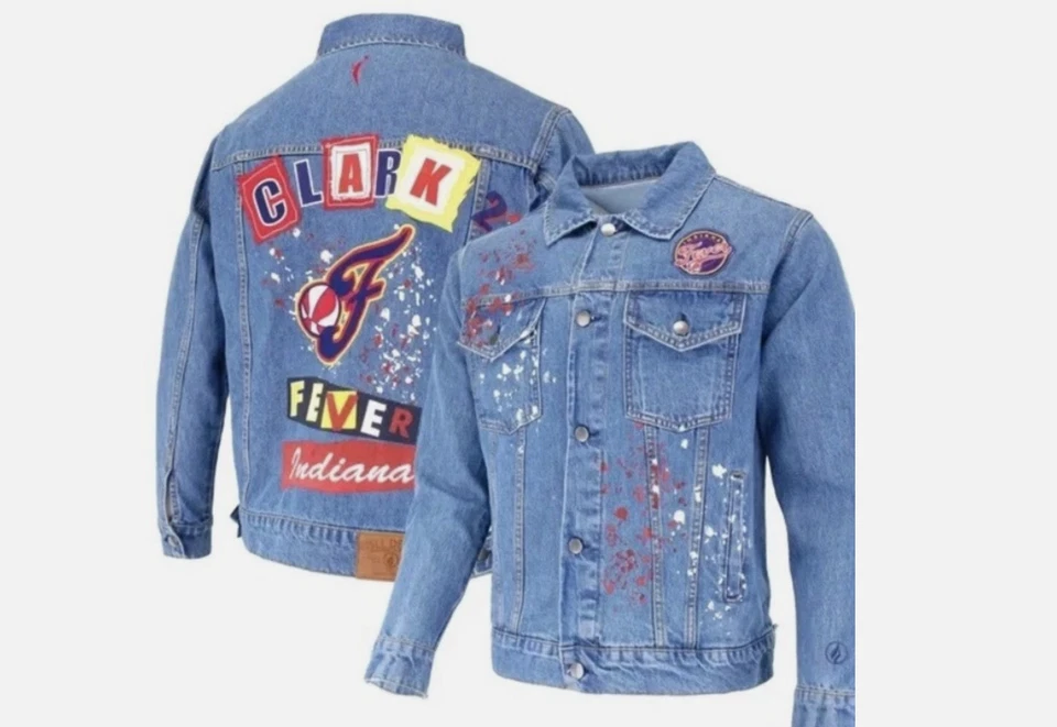 Clark 22 Indiana Fever Player Name Denim Jacket Blue Paint Splatter XL FISLL
