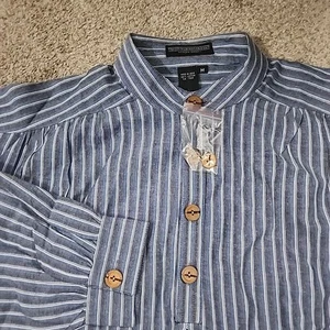 NWOT J. PETERMAN Poet's Shirt L-XL Banded Collarless Striped Cotton (P3) - Picture 1 of 7