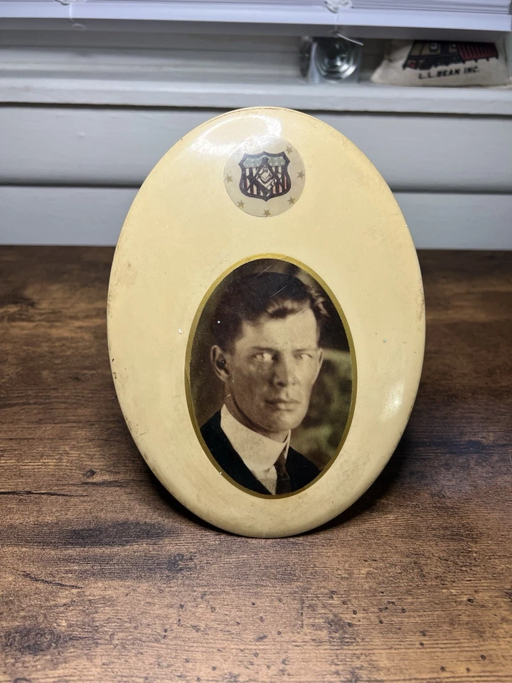 Antique Celluloid Photo Portrait UOAM United Mechanics Tin Frame Masonic Man - Image 1 of 4