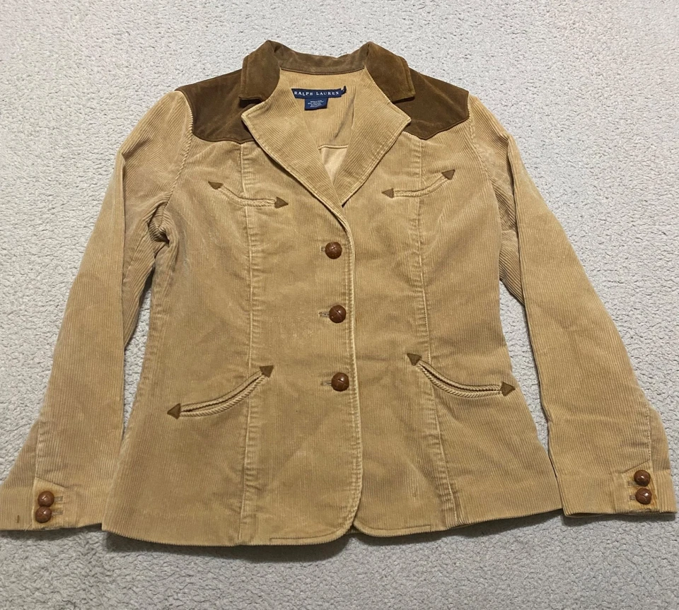 Ralph Lauren Womens 10 Blazer Jacket Beige Corduroy Western Suede Leather Yoke - Image 1 of 4