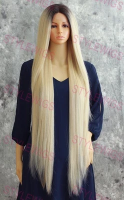 Peluca súper larga recta de encaje frontal mezcla cabello humano enraizada rubia clara EVFR Foto 1 de 4