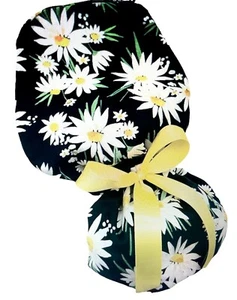 Ponytail Scrub cap, large white daisies working cap with tie backs Size fits all - Picture 1 of 2