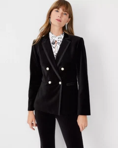 NEW ANN TAYLOR $198 BLACK VELVET PEARL BUTTON TAILORED DOUBLE BREASTED BLAZER 6P - Picture 1 of 4