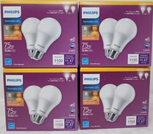 Case of 4-2 PACKS Philips 75W Soft White A19 Medium Dimmable LED Light Bulb - Picture 1 of 3
