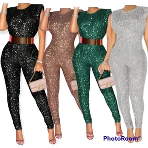 Sexy Women Shiny Sequin Crew Neck Sleeveless Bodycon Club Cocktail Long Jumpsuit - Picture 1 of 12