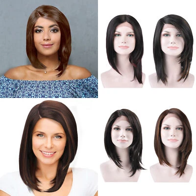 Pelucas delanteras cortas Bob encaje sintético sin pegamento negro cabello liso resistente al calor Foto 1 de 4