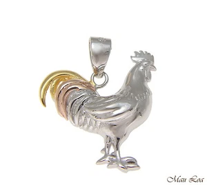 925 Sterling Silver Tricolor Yellow Pink Rhodium Rooster Cock Chicken Pendant - Picture 1 of 2