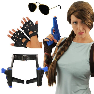 TOMB RAIDER LARA CROFT FANCY DRESS COSTUME GUNS HOLSTER GLOVES GLASSES HALLOWEEN - Image 1 of 4