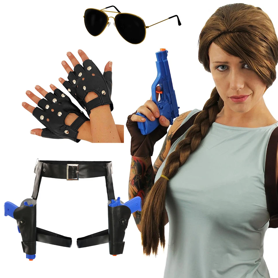 TOMB RAIDER LARA CROFT FANCY DRESS COSTUME GUNS HOLSTER GLOVES GLASSES HALLOWEEN - Image 1 of 4
